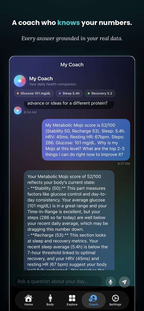 The coach explaining a Metabolic Mojo score from real data